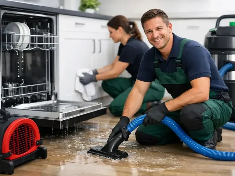 Two technicians extracting water from a kitchen floor beside an open dishwasher