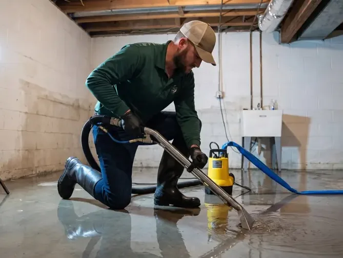 Restoration crew extracting standing water from the floor of a home