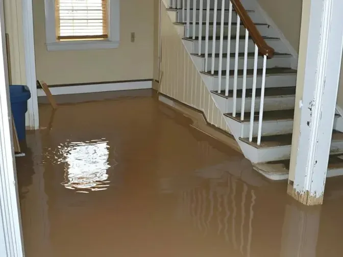 Muddy standing water at the foot of a staircase before extraction