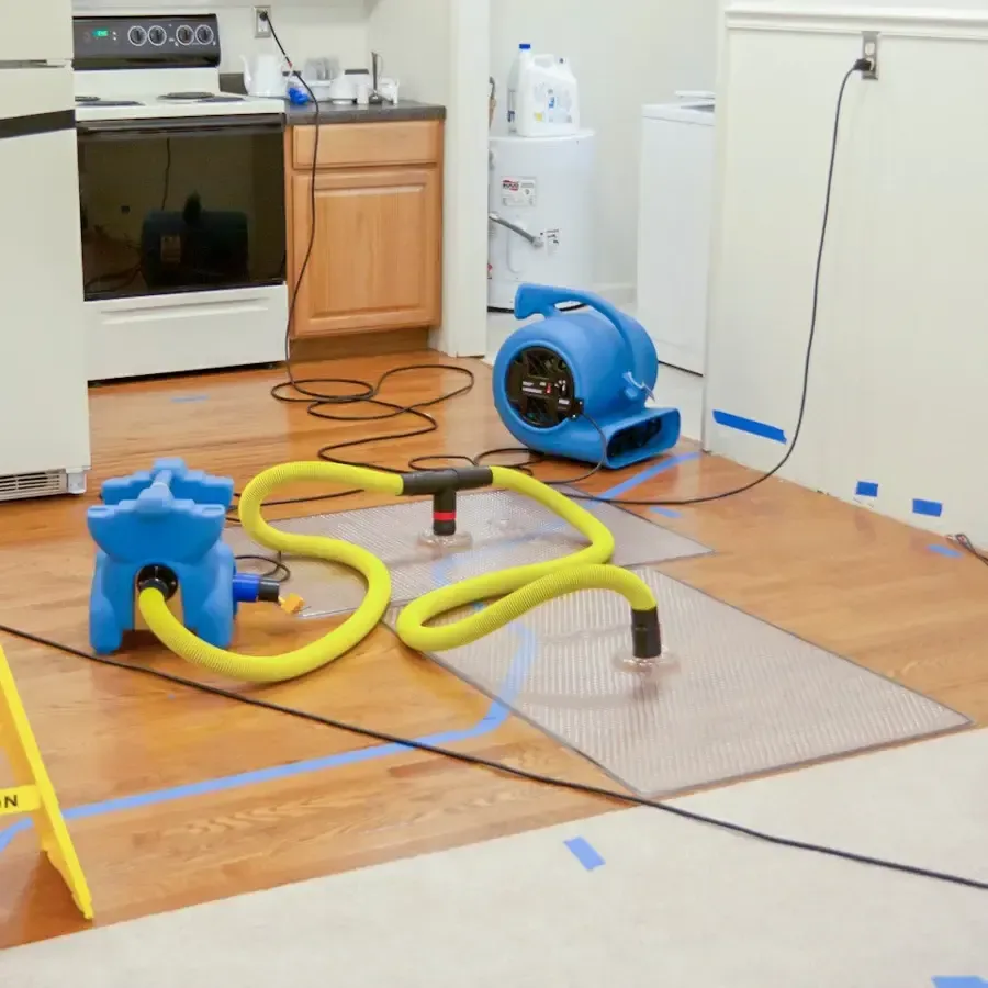 Hardwood drying mats, hoses and air movers working on a kitchen floor